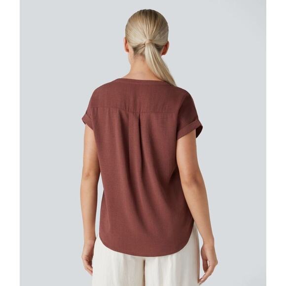 Halara Women’s Henley Neck High Low Curved Hem Top Brown Size Medium NEW/NWT!! - Picture 3 of 12